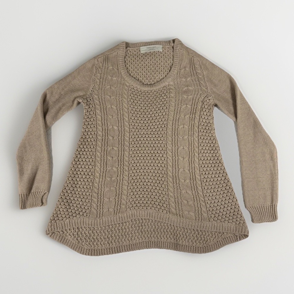 ZARA KNIT Sweater Womens Medium Beige Cable Mixed Texture Scoop Neck High-Low